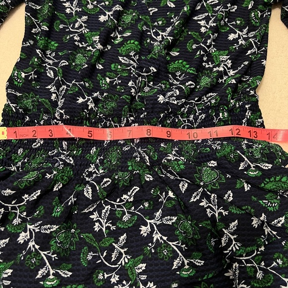 Long sleeve layered dress with floral print. Navy blue, green, and white. - Picture 3 of 4